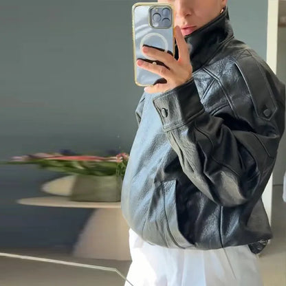 Stand Collar Leather Jacket For Women – Double Button High Street