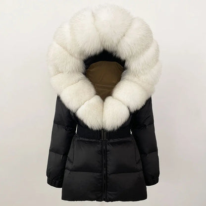 Luxury Down Puffer Jacket with Real Fox Fur Hood – Thick Waterproof Winter Parka for Women