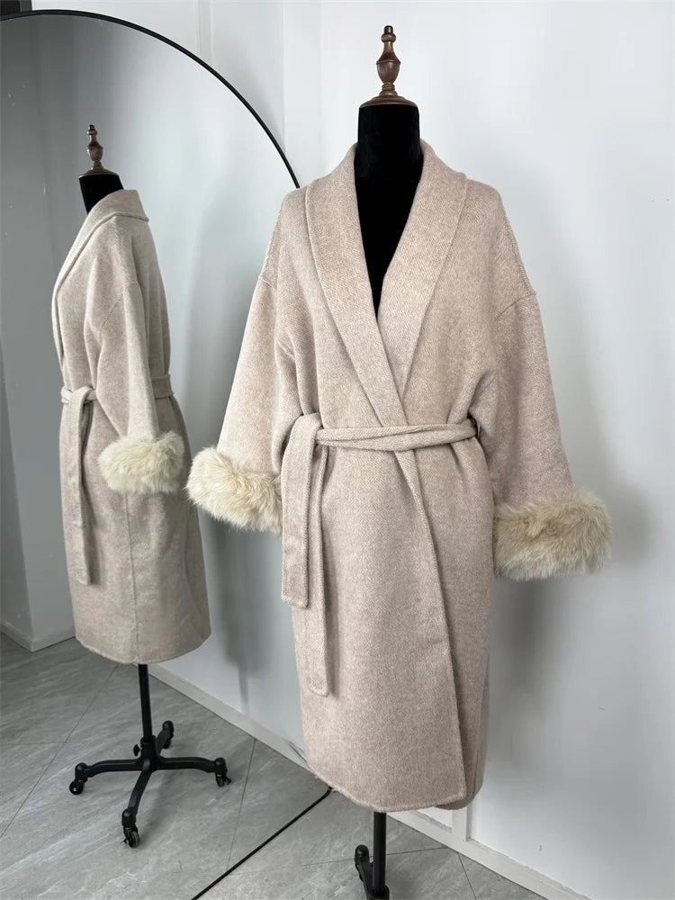 Elegant Fox Fur Wool Overcoat For Women – Short Double-Sided Wool Coat 2025