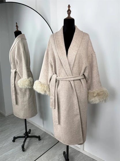 Elegant Fox Fur Wool Overcoat For Women – Short Double-Sided Wool Coat 2025