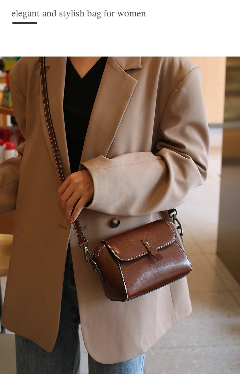 Genuine Oil Wax Cowhide Leather Small Crossbody Bag – Versatile Shell Shoulder Phone Handbag