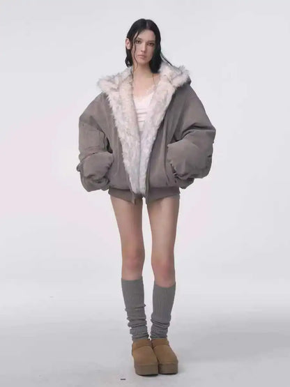 Winter Retro Fur Hooded Oversized Padded Jacket – Plush Gothic Streetwear Coat Women
