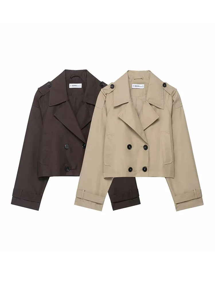 Short Double-Breasted Lapel Trench Coat – Autumn Winter Office Lady Fashion Jacket Women