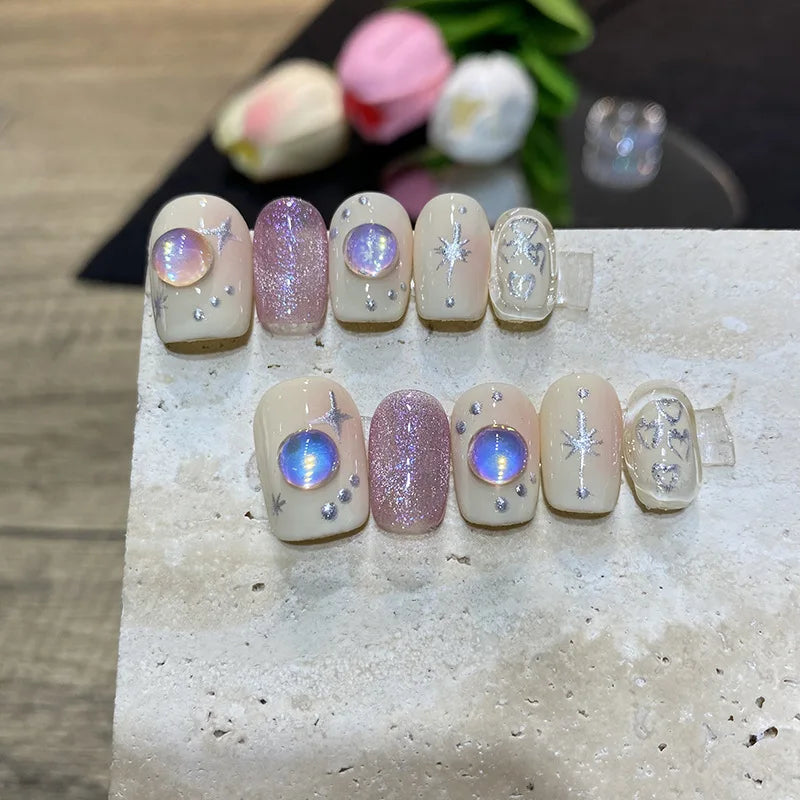  10PCS Detachable mermaid purple flashing aurora short square false nails with glue full cover ballet acrylic press on fake nails -  - DYAVOR® 