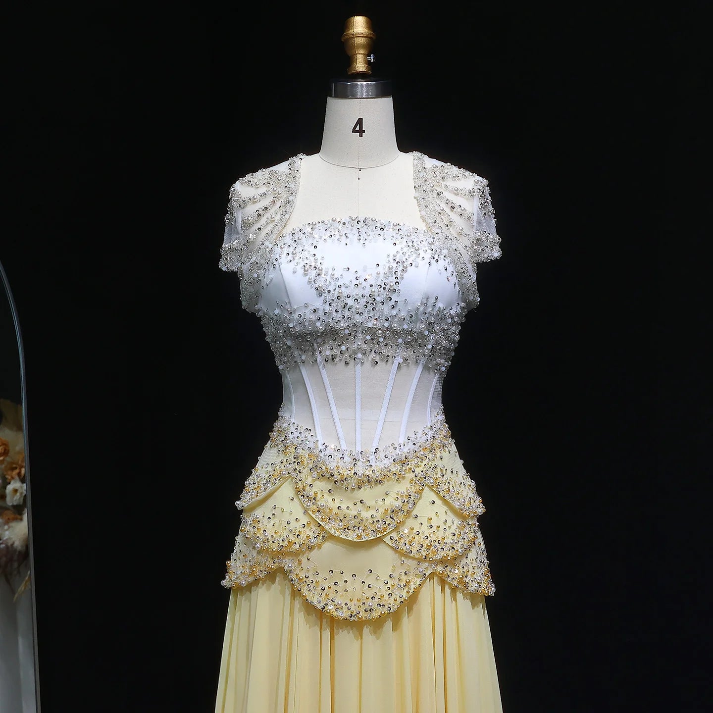 Elegant White & Yellow Chiffon Corset Evening Dress with Flare Sleeve Jacket