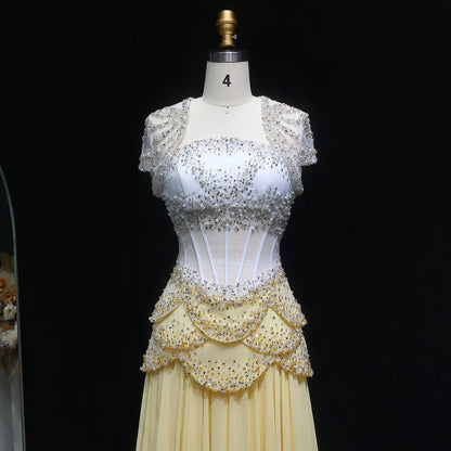 Elegant White & Yellow Chiffon Corset Evening Dress with Flare Sleeve Jacket