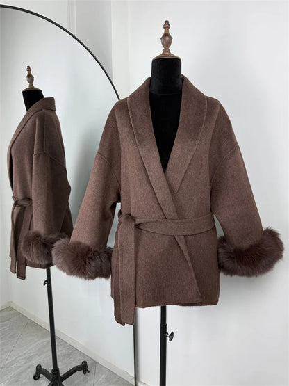 Elegant Fox Fur Wool Overcoat For Women – Short Double-Sided Wool Coat 2025