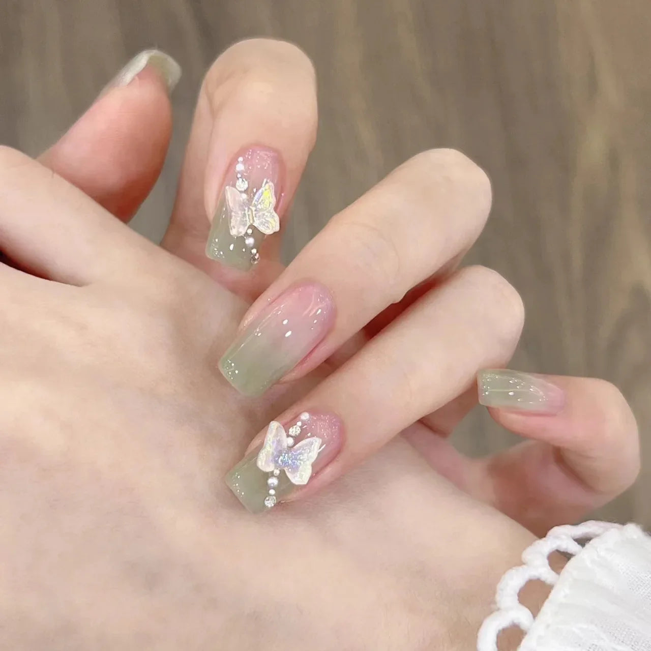  Wearable Silver Stripes Y2k False Nails Long Almond Round Fashion Nail Tips Press On With Silver Beads Designs Fake Nails Art -  - DYAVOR® 