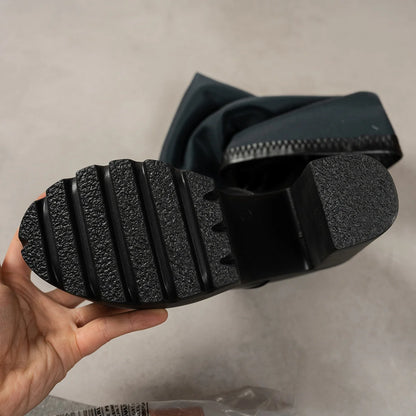 Knee High Thick Sole Boots Black Wide Heel Round Toe Women