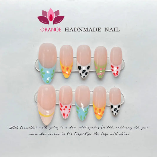 Handmade Almond Press On Nail Reusable French Colorful Fake Nails Full Cover Artificial Manicuree Wearable Orange Nail Store