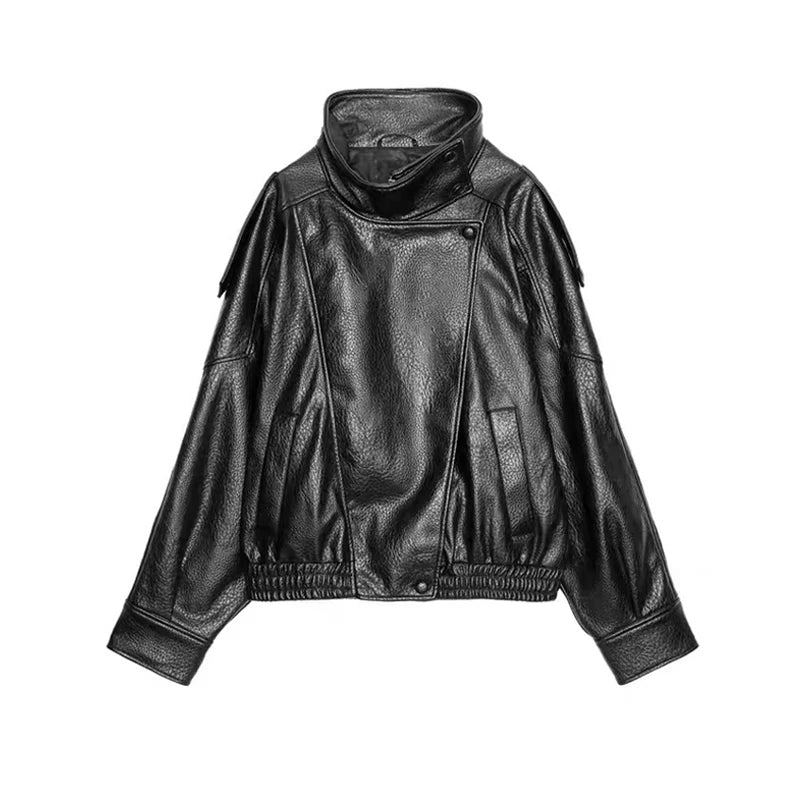 Stand Collar Leather Jacket For Women – Double Button High Street