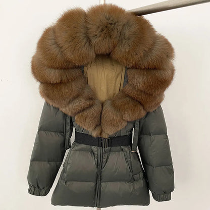 Luxury Down Puffer Jacket with Real Fox Fur Hood – Thick Waterproof Winter Parka for Women
