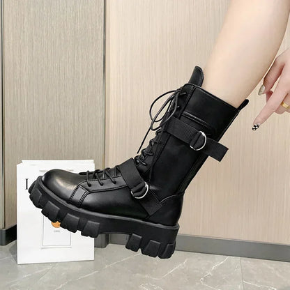 Women Mid-Calf Motorcycle Boots Punk Gothic Black High Heel Cosplay Long Knight Boots Women
