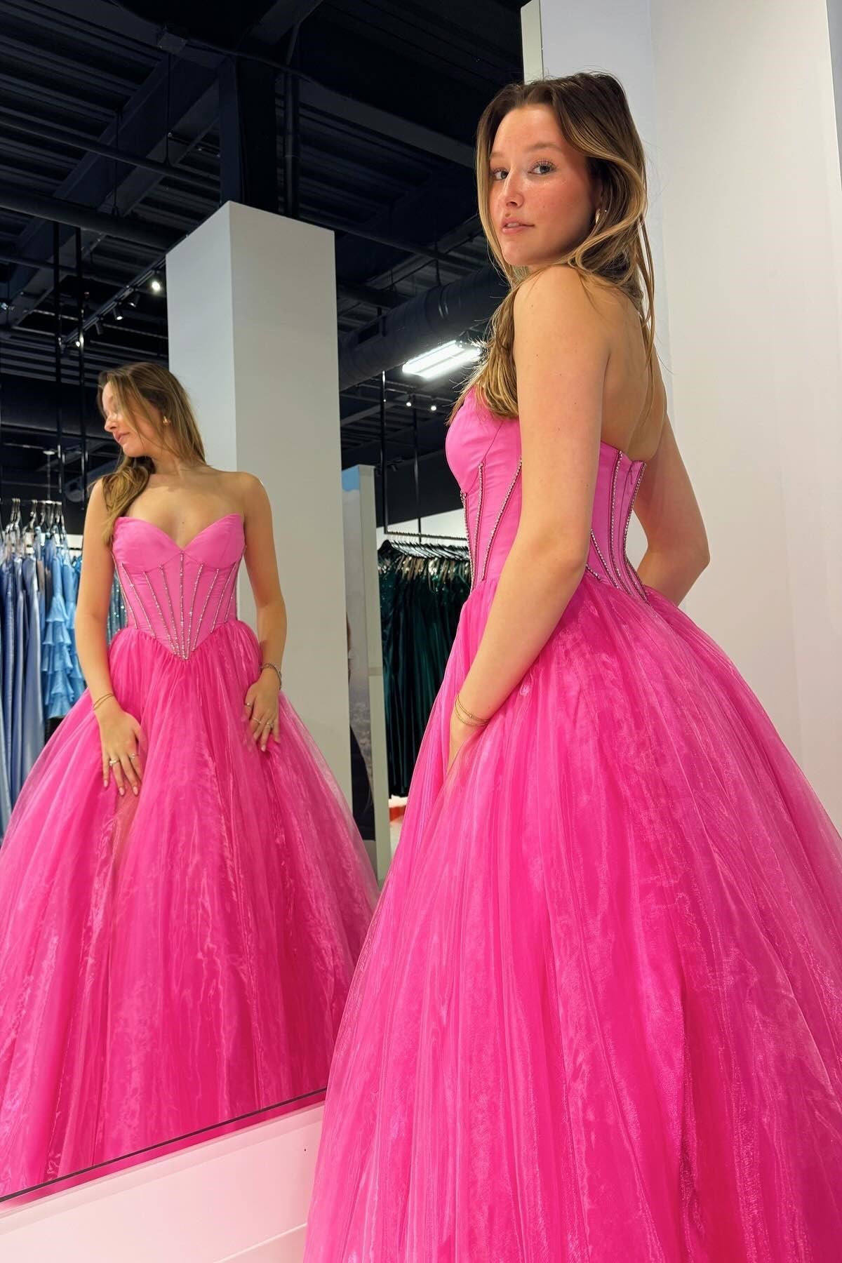  Strapless Beaded Ball Gown with Slit in Hot Pink - Prom Dresses - DYAVOR® 