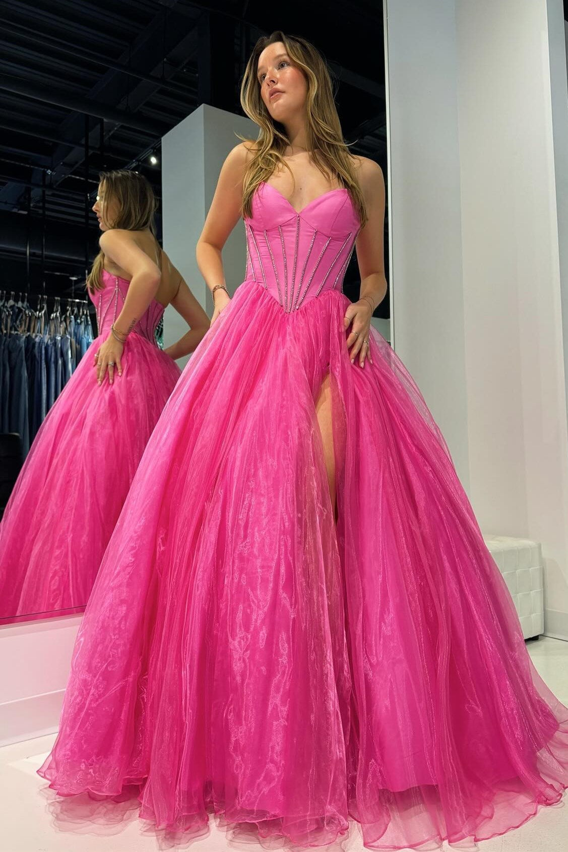  Strapless Beaded Ball Gown with Slit in Hot Pink - Prom Dresses - DYAVOR® 