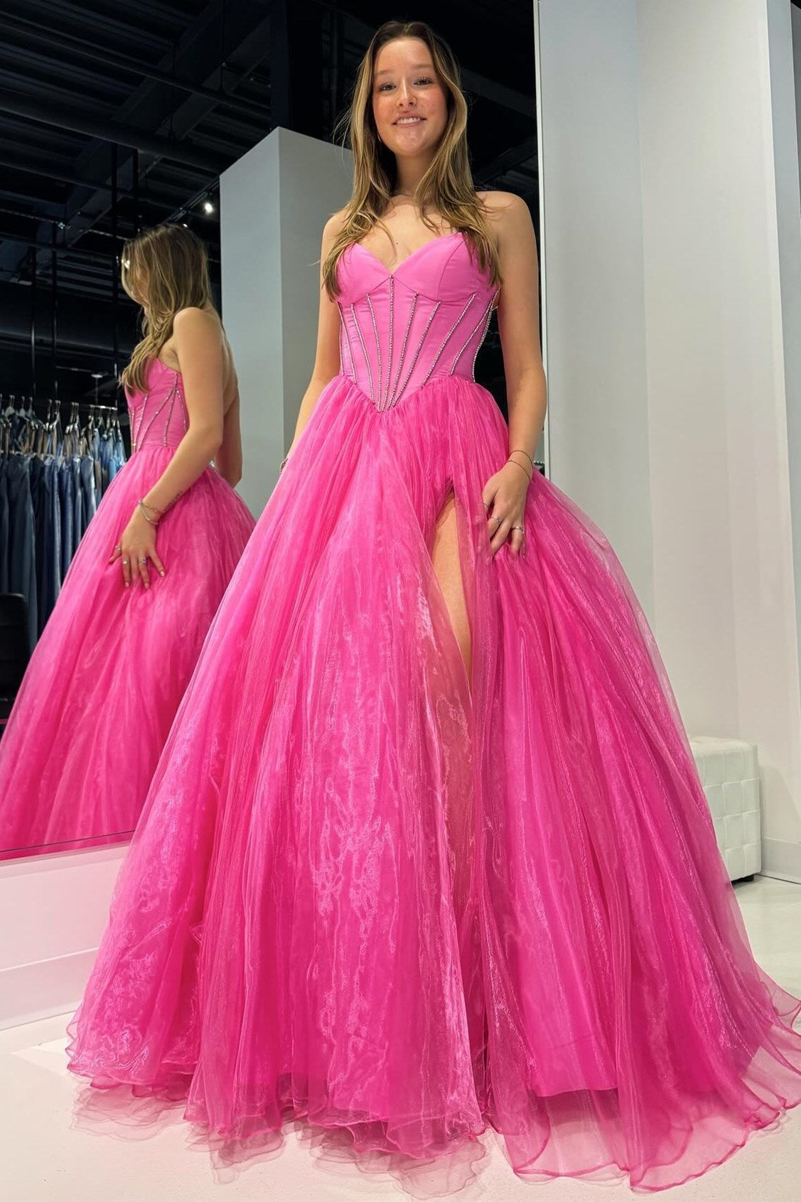  Strapless Beaded Ball Gown with Slit in Hot Pink - Prom Dresses - DYAVOR® 