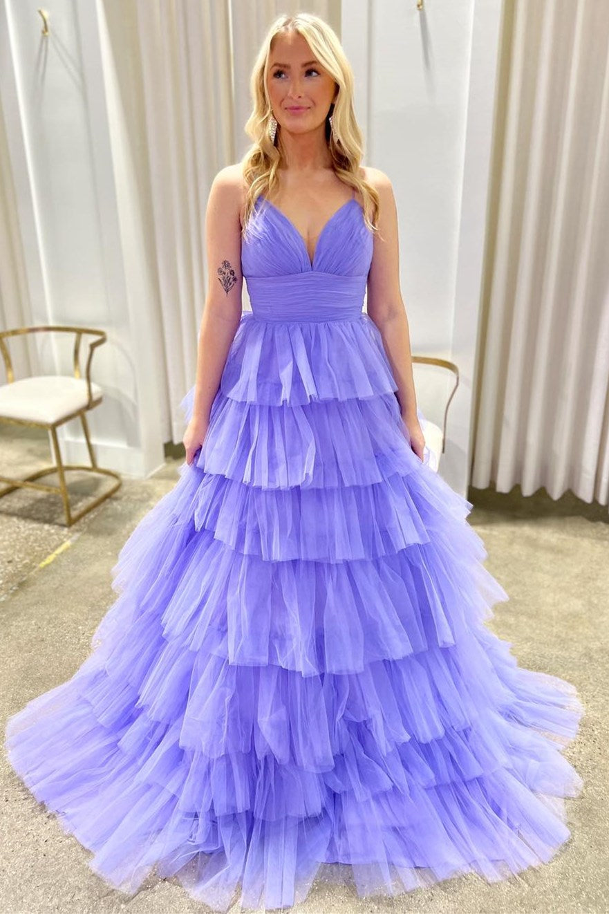  Lavender V-Neck Ruffle Tiered Long Prom Gown - Prom Dresses - DYAVOR® 