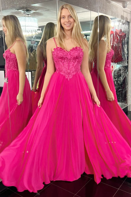  Magenta Appliques Sweetheart A-Line Long Prom Dress with Slit - Prom Dresses - DYAVOR® 