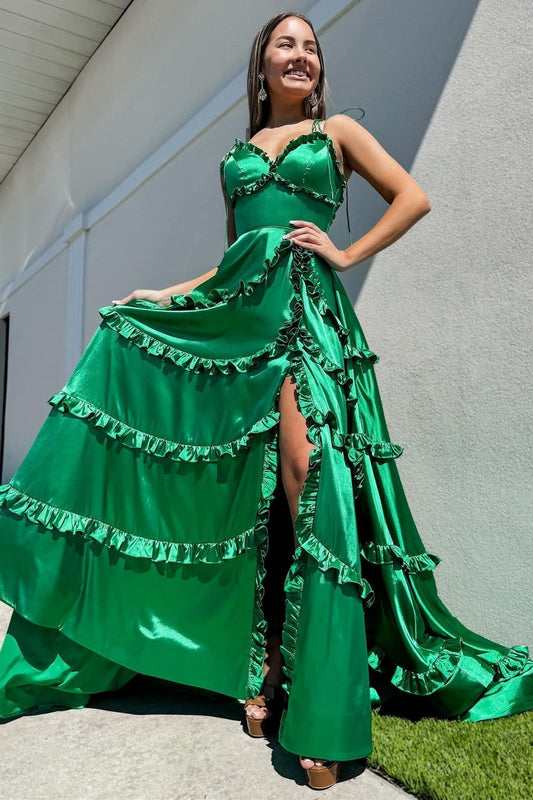  Green V-Neck Backless Ruffle A-Line Prom Gown with Slit - Prom Dresses - DYAVOR® 