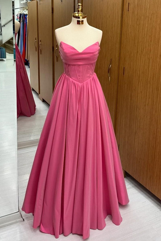  Hot Pink Strapless Lace-Up A-Line Long Formal Dress - Prom Dresses - DYAVOR® 