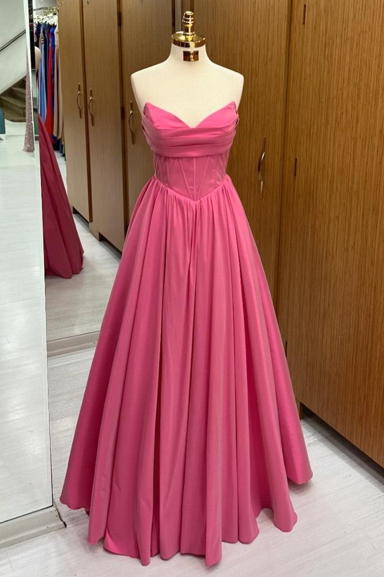  Hot Pink Strapless Lace-Up A-Line Long Formal Dress - Prom Dresses - DYAVOR® 