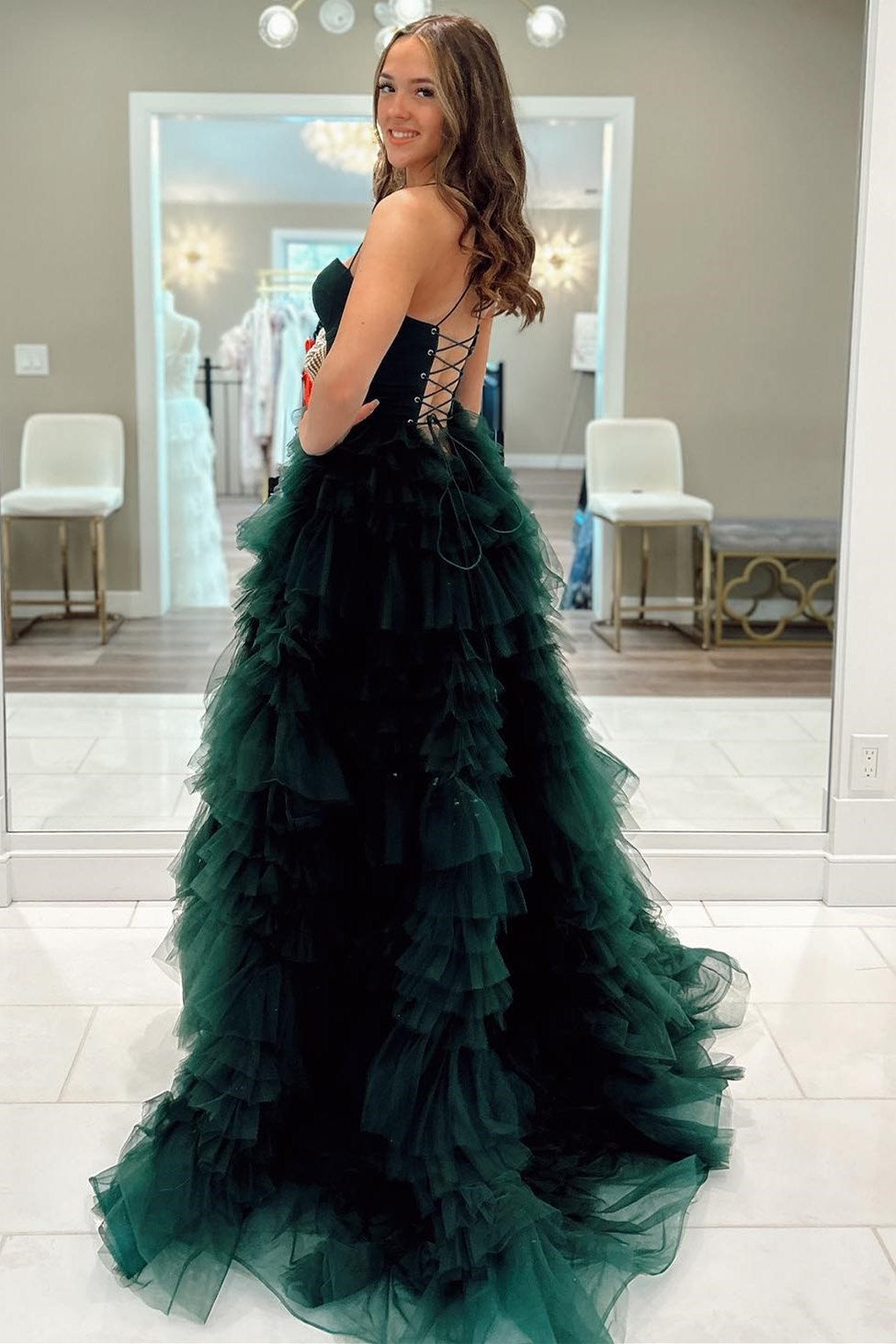  Emerald Sweetheart Lace-Up Ruffle Prom Gown with Slit - Prom Dresses - DYAVOR® 