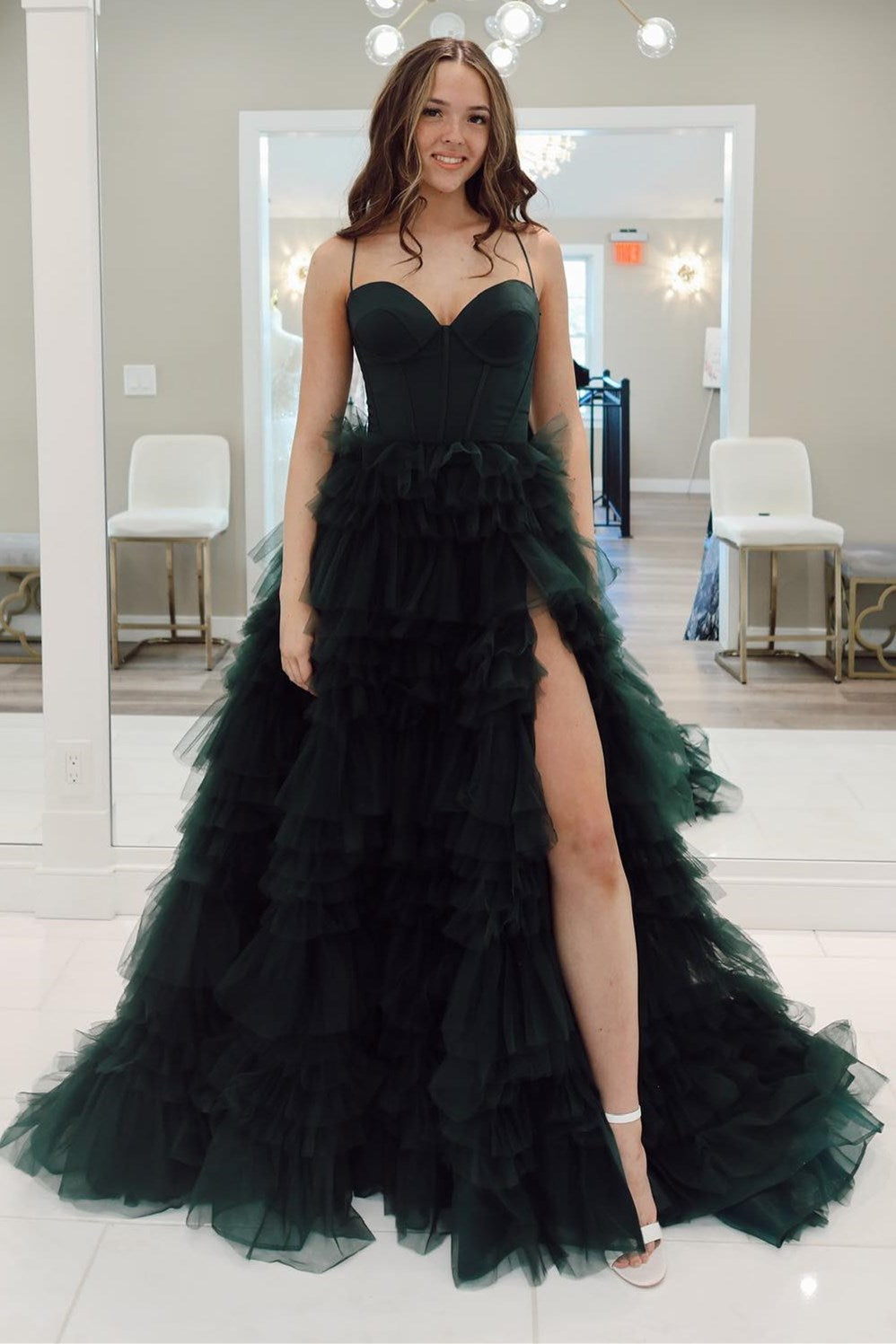  Emerald Sweetheart Lace-Up Ruffle Prom Gown with Slit - Prom Dresses - DYAVOR® 