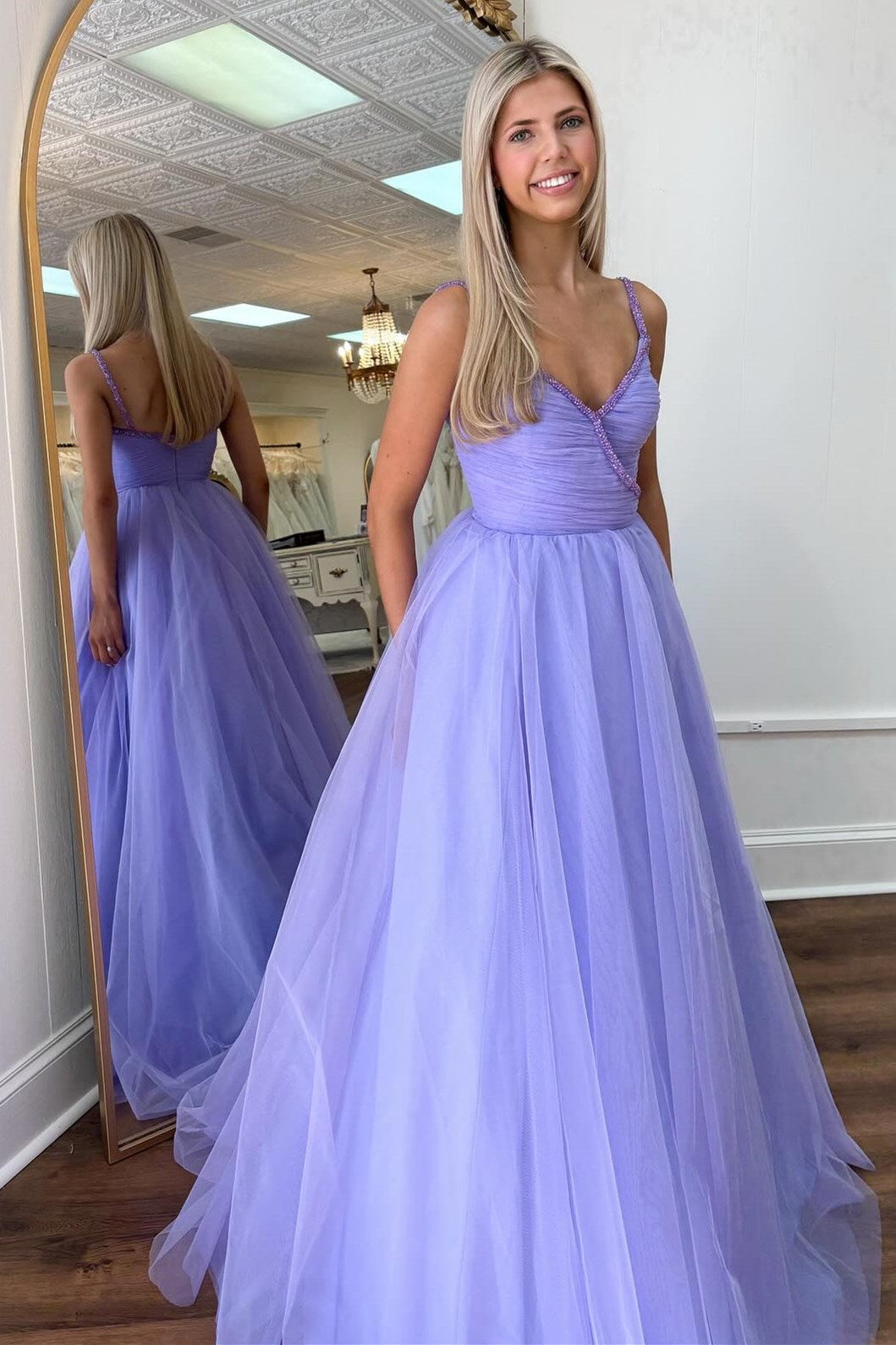  Lavender Beaded Surplice Tulle Prom Dress - Prom Dresses - DYAVOR® 