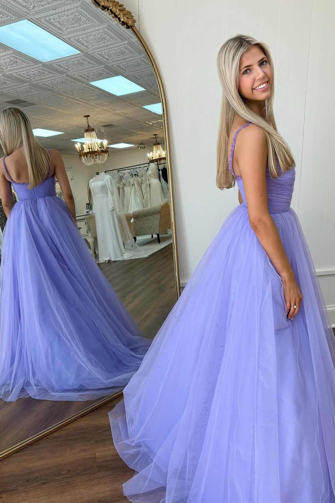  Lavender Beaded Surplice Tulle Prom Dress - Prom Dresses - DYAVOR® 