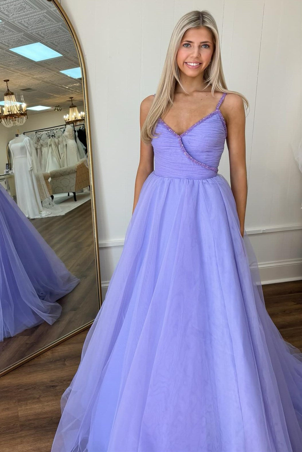  Lavender Beaded Surplice Tulle Prom Dress - Prom Dresses - DYAVOR® 