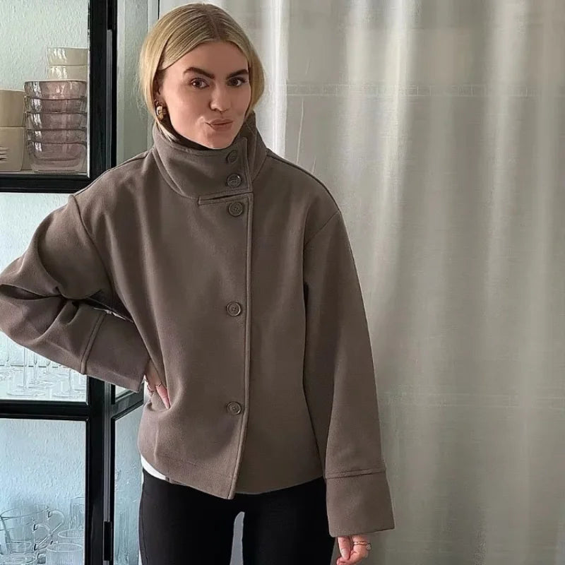 Urban Black Wool Blend Coat – Stand Collar Warm Jacket 2025