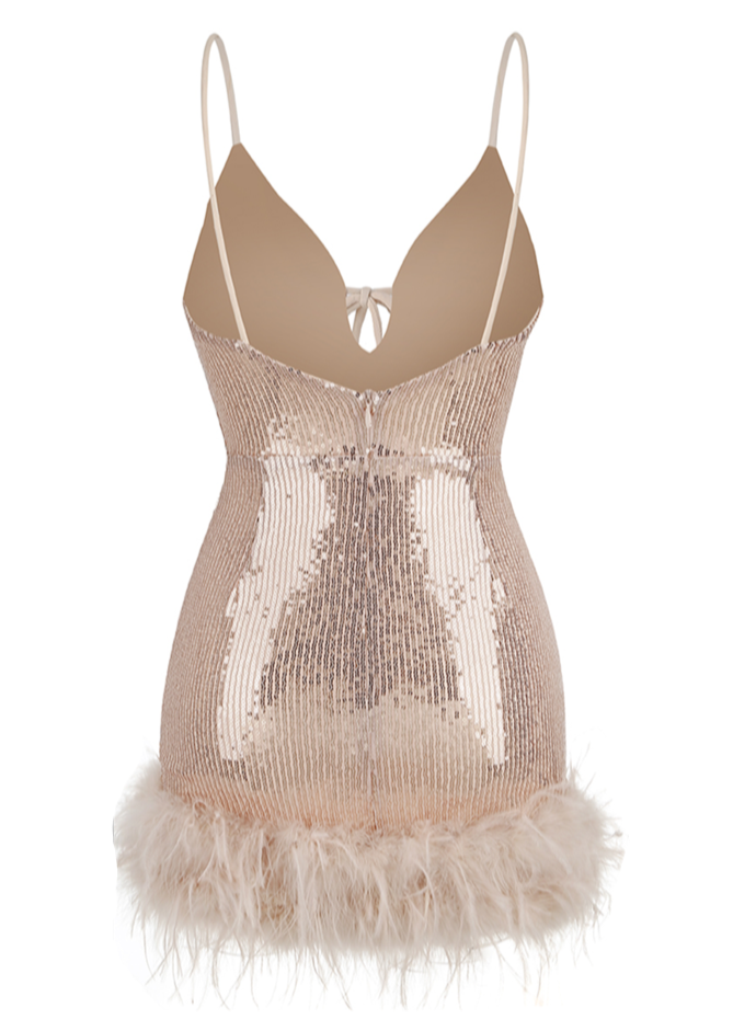  Beige Sequined Mini Dress with Feathers -  - DYAVOR® 