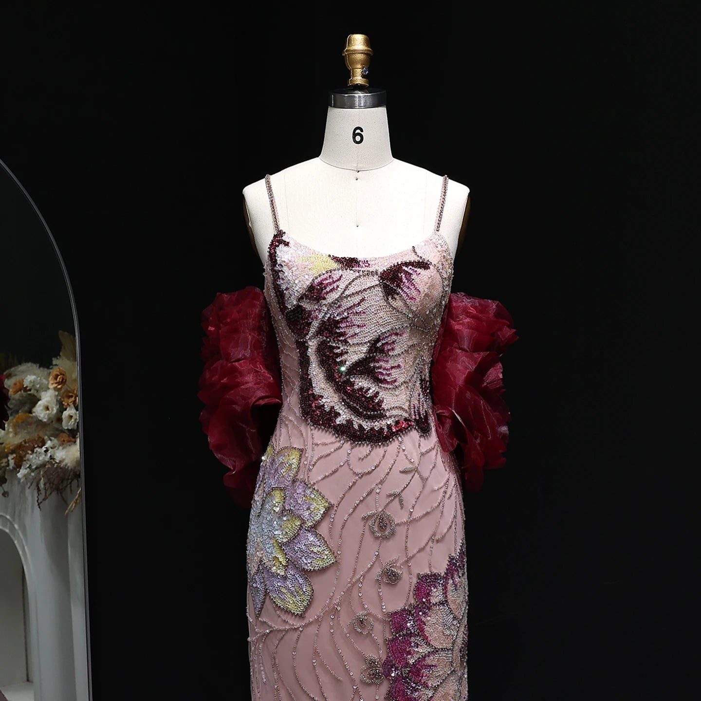 Luxury Pink Floral Beaded Evening Dress – Elegant Custom Gown with Burgundy Shawl Cape