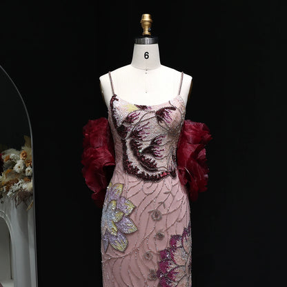 Luxury Pink Floral Beaded Evening Dress – Elegant Custom Gown with Burgundy Shawl Cape