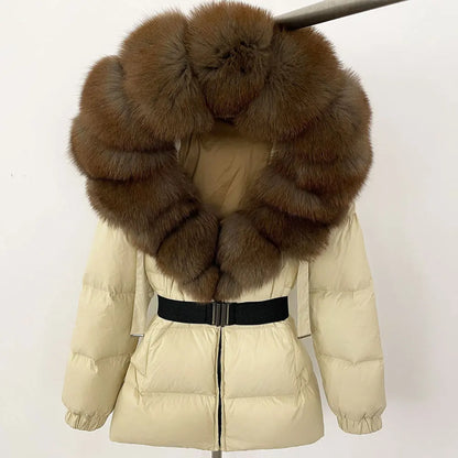 Luxury Down Puffer Jacket with Real Fox Fur Hood – Thick Waterproof Winter Parka for Women
