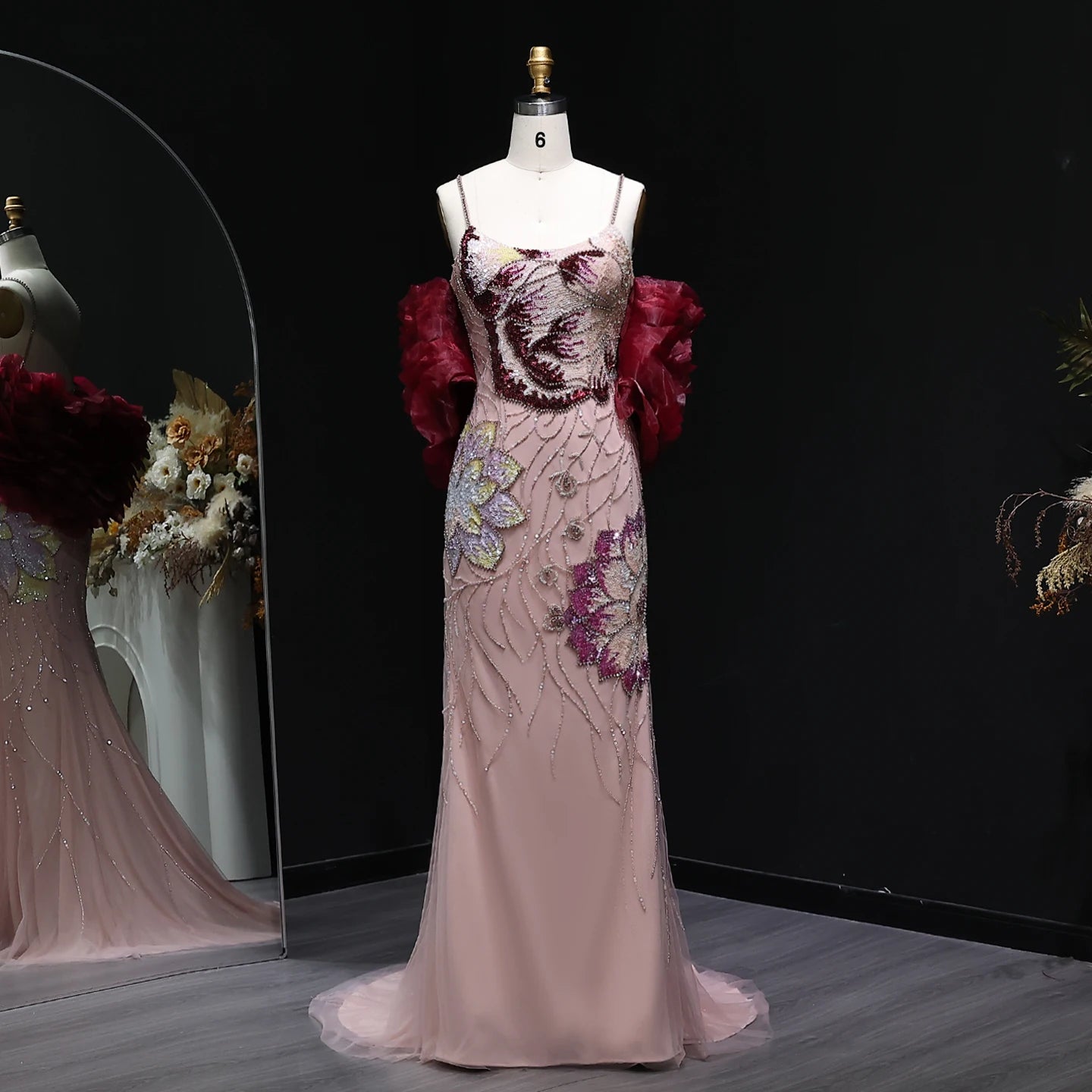 Luxury Pink Floral Beaded Evening Dress – Elegant Custom Gown with Burgundy Shawl Cape