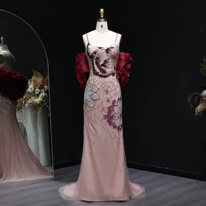 Luxury Pink Floral Beaded Evening Dress – Elegant Custom Gown with Burgundy Shawl Cape