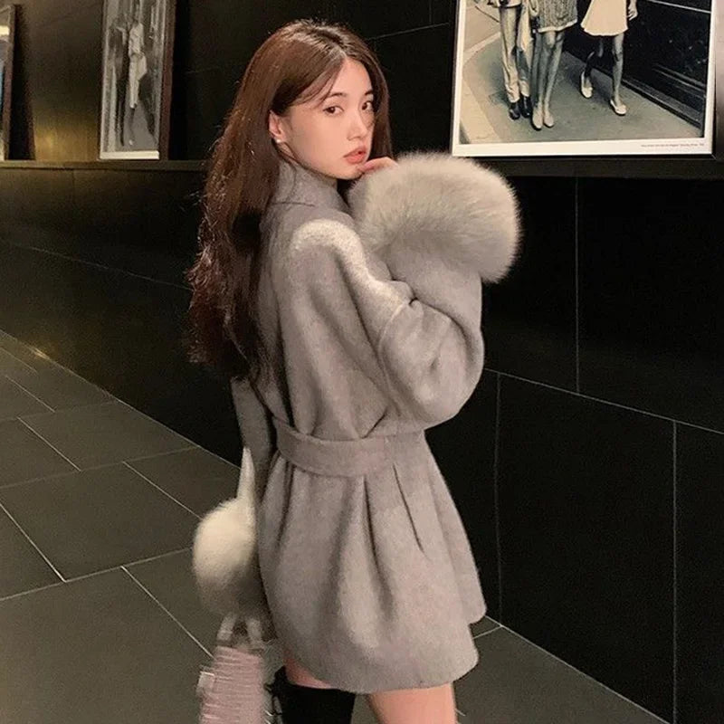 Elegant Fox Fur Wool Overcoat For Women – Short Double-Sided Wool Coat 2025