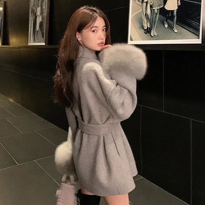Elegant Fox Fur Wool Overcoat For Women – Short Double-Sided Wool Coat 2025