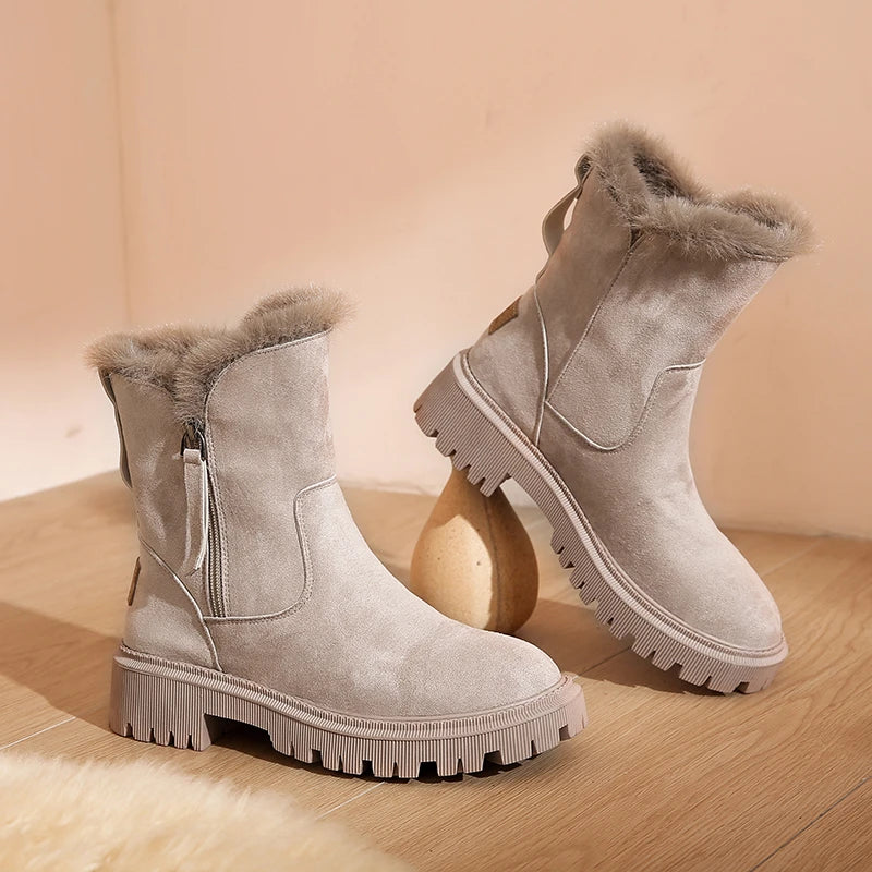 Snow Boots Platform Plush Women Winter Warm Non-Slip Short Suede Fashion Flats