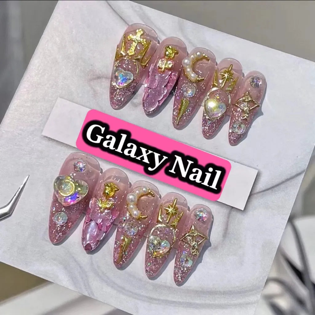  Handmade Pink Glittery Y2K Fake Nail With Glue Detachable Luxury False Nails Tips Reusable Press On Nails Coffin Manicure Art -  - DYAVOR® 