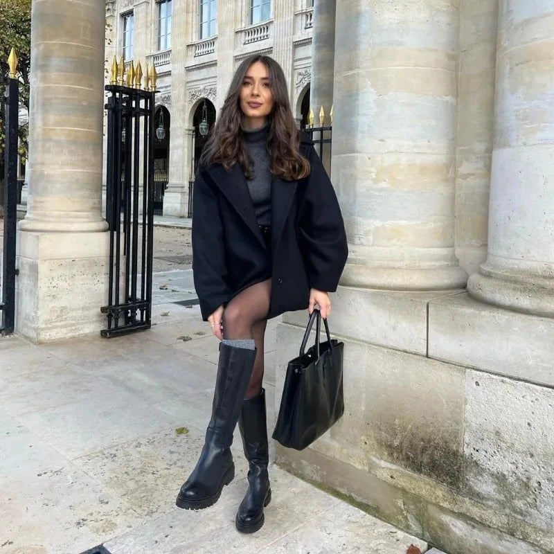 Urban Black Wool Blend Coat – Stand Collar Warm Jacket 2025