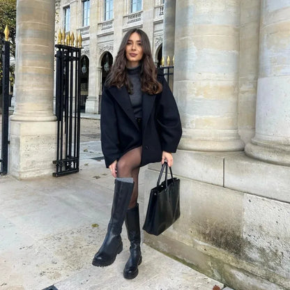 Urban Black Wool Blend Coat – Stand Collar Warm Jacket 2025