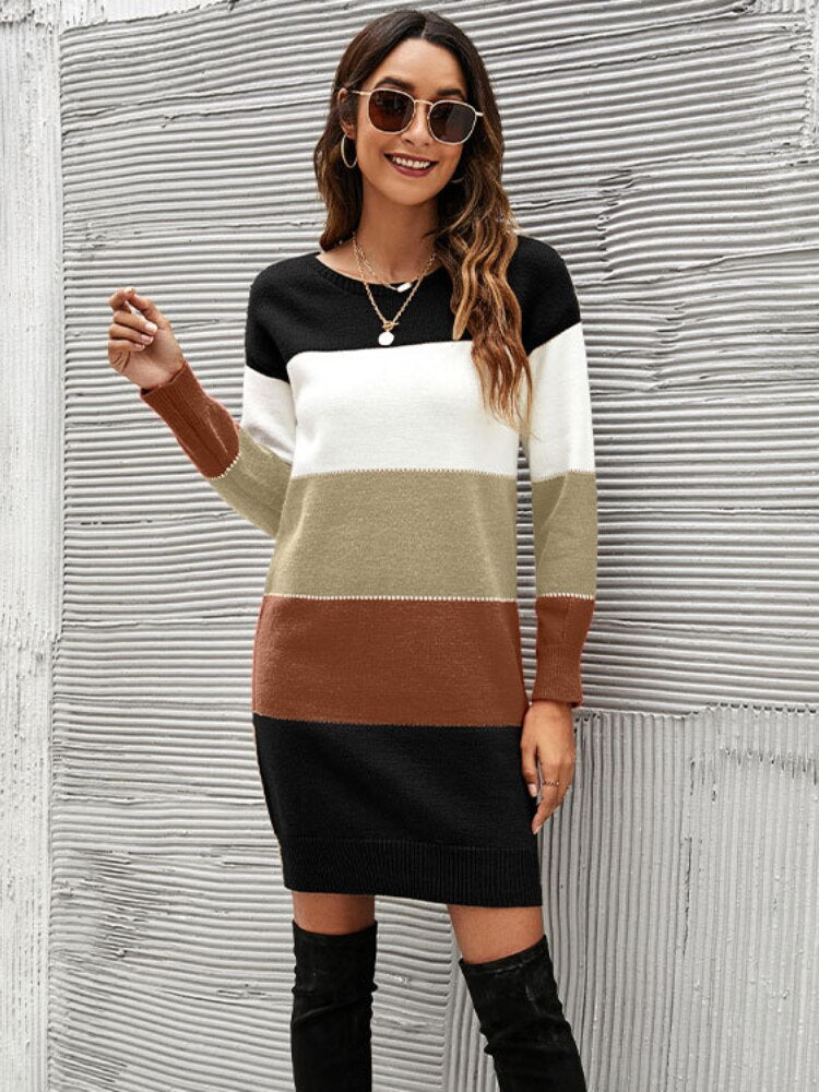 Tops Women 2022 Autumn Winter New Round Neck Sweater Women's Color Matching Dress Long Sweater Long Sleeve Pullover Streetwear