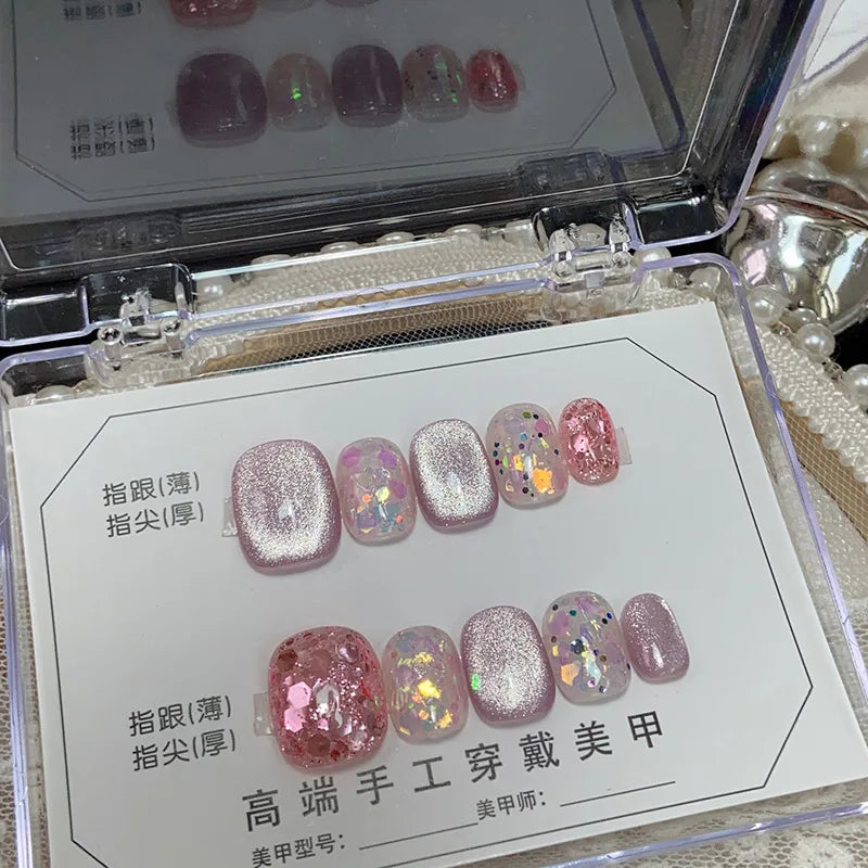  10pcs handmade false nails ballet short glitter pink cat eyes fake nails with glue full cover Nude White press on acrylic nails -  - DYAVOR® 