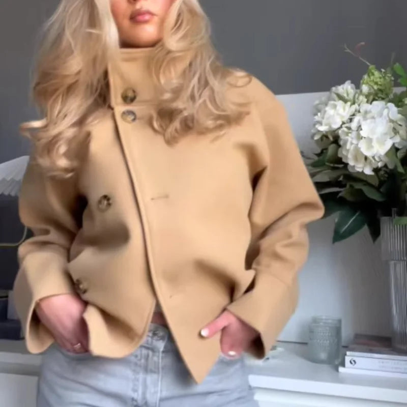 Urban Black Wool Blend Coat – Stand Collar Warm Jacket 2025