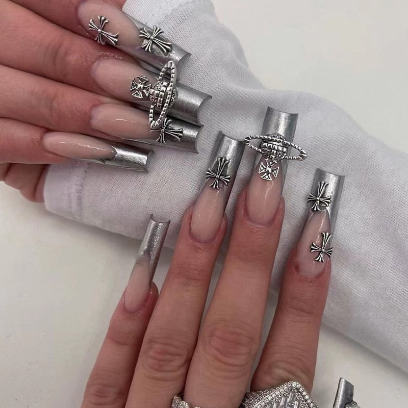  Silver Cross Press On Nails -  - DYAVOR® 