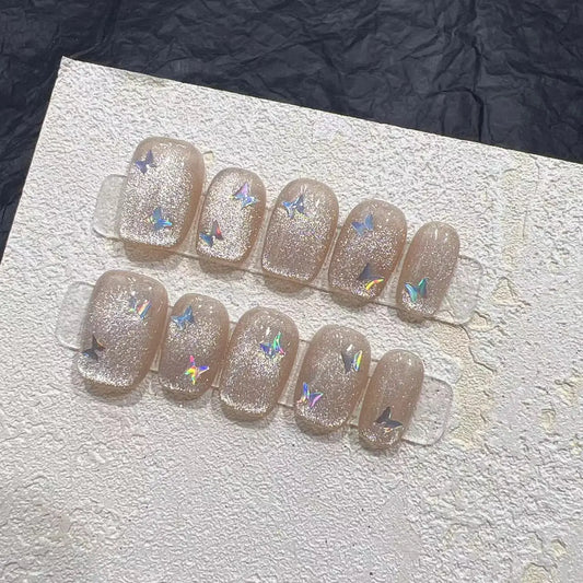  10PCS wearable Crystal cat eye butterfly handmade nail art finished fake nails with glue short ballet press on acrylic nails tip -  - DYAVOR® 
