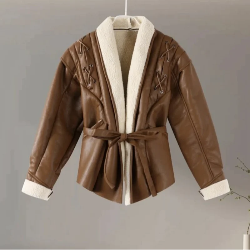 Leather Jacket with Belt & Fur Collar For Women | Elegant Streetwear Coat