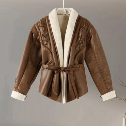 Leather Jacket with Belt & Fur Collar For Women | Elegant Streetwear Coat